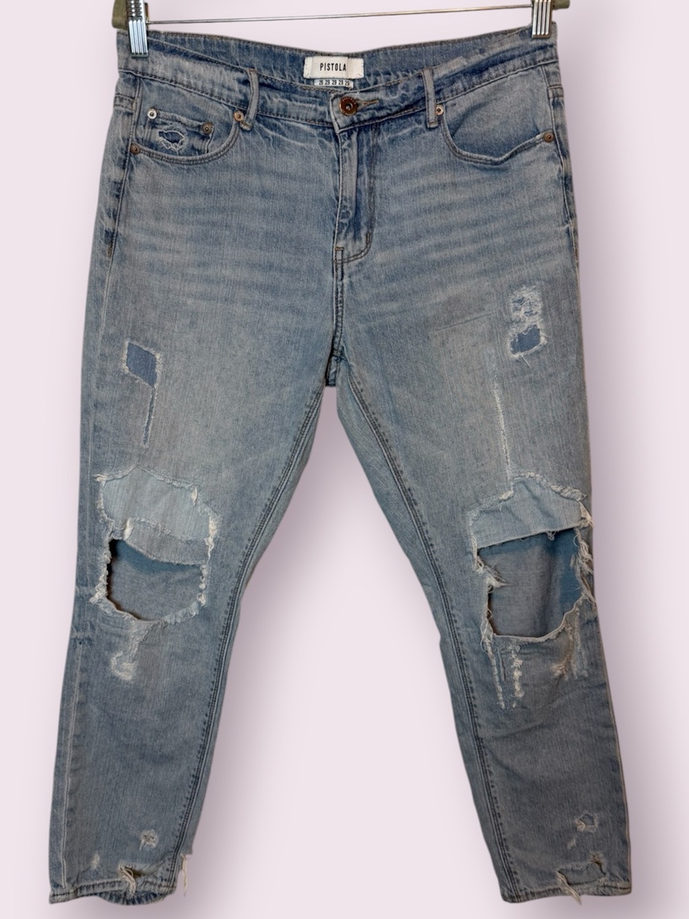 Pistola Distressed Light Wash Straight Leg Jeans Knee Blowout Size 29